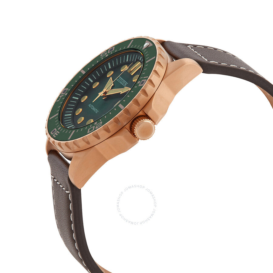 Side angle view of Citizen automatic watch showing rose gold case and brown leather strap