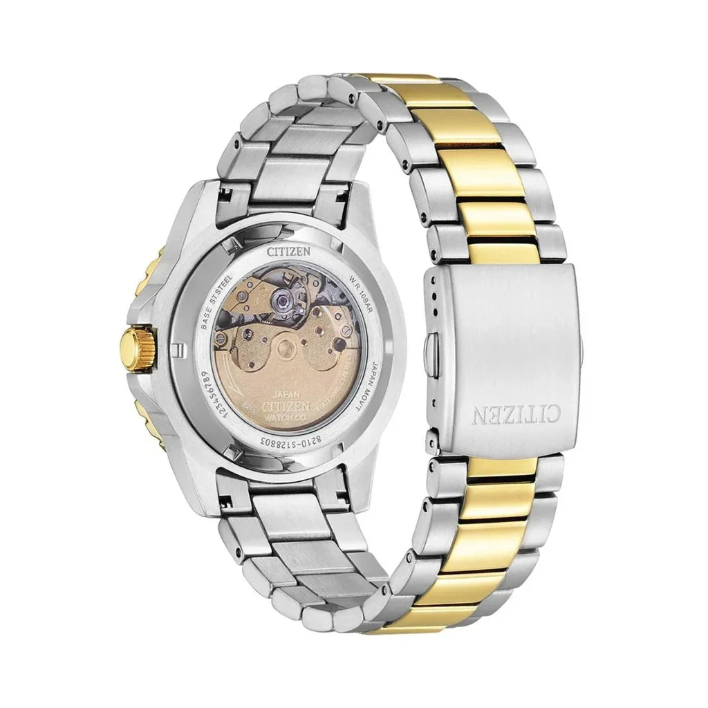 Transparent case back revealing automatic movement and two-tone bracelet