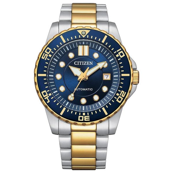 Citizen automatic watch with blue dial, two-tone steel and gold strap, and gold bezel