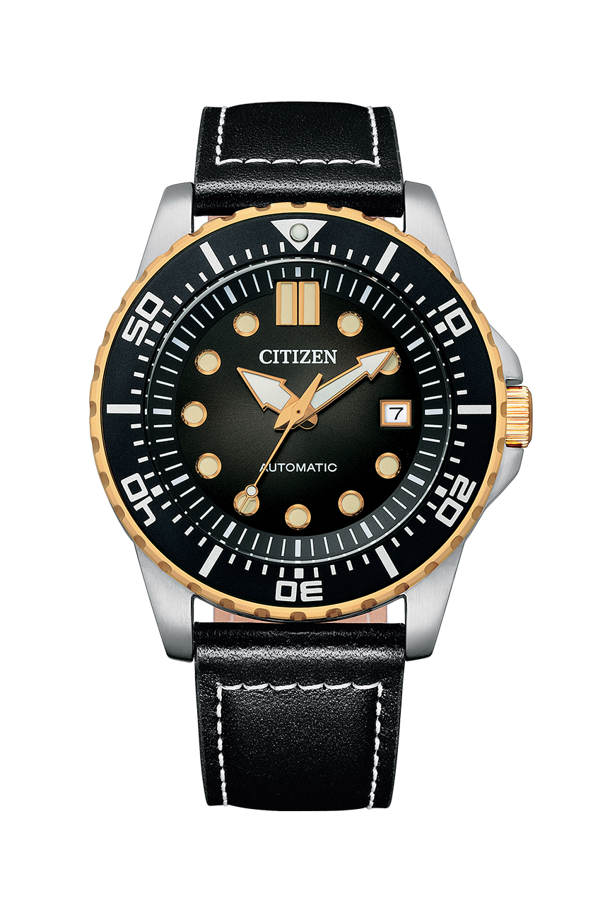 Citizen automatic men's watch with black dial, gold and silver two-tone bezel, and black leather strap