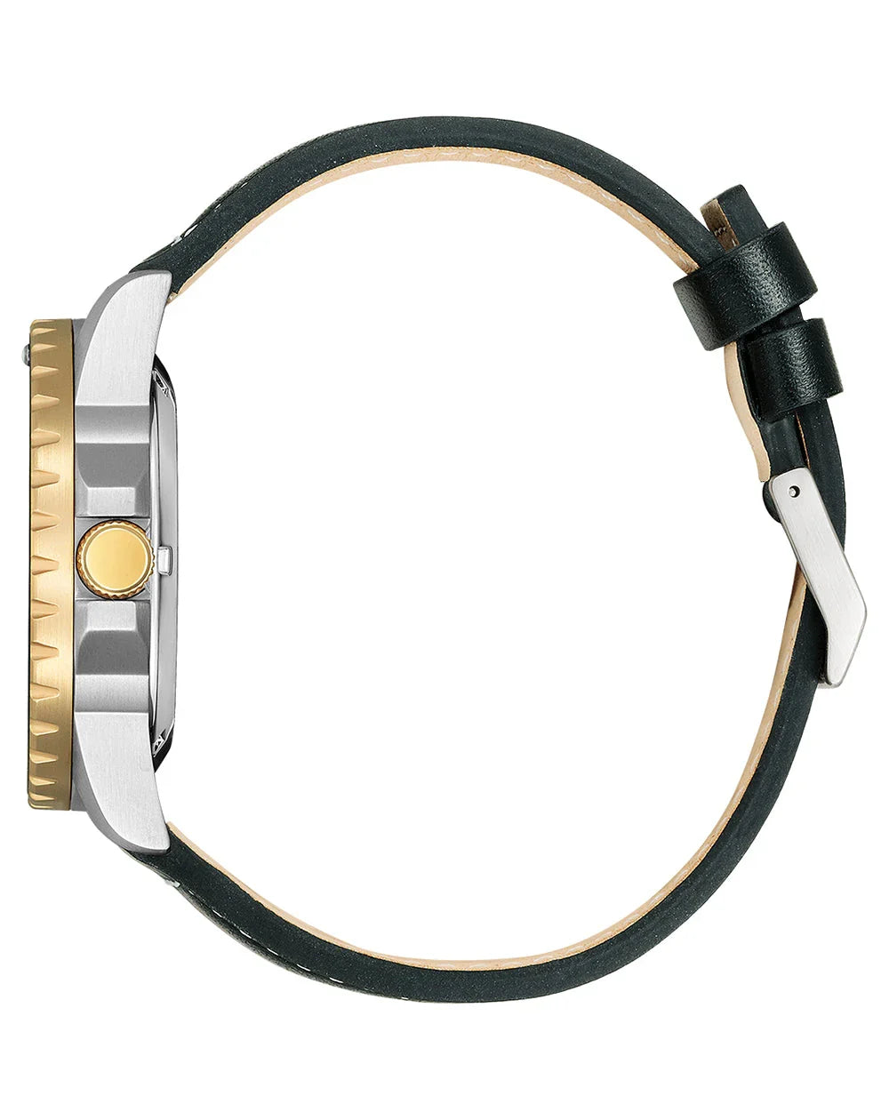 Citizen NJ0176-10E side profile showing two-tone case and black leather strap with stitching