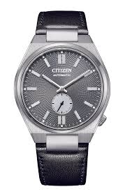 Citizen NJ5010-01H watch shown at angle with stainless steel case and black leather strap