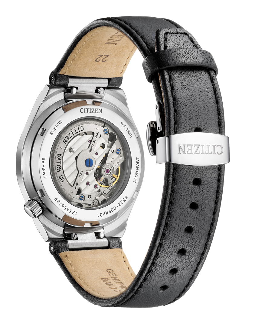 Citizen NJ5010-01H caseback showing automatic movement with black leather strap