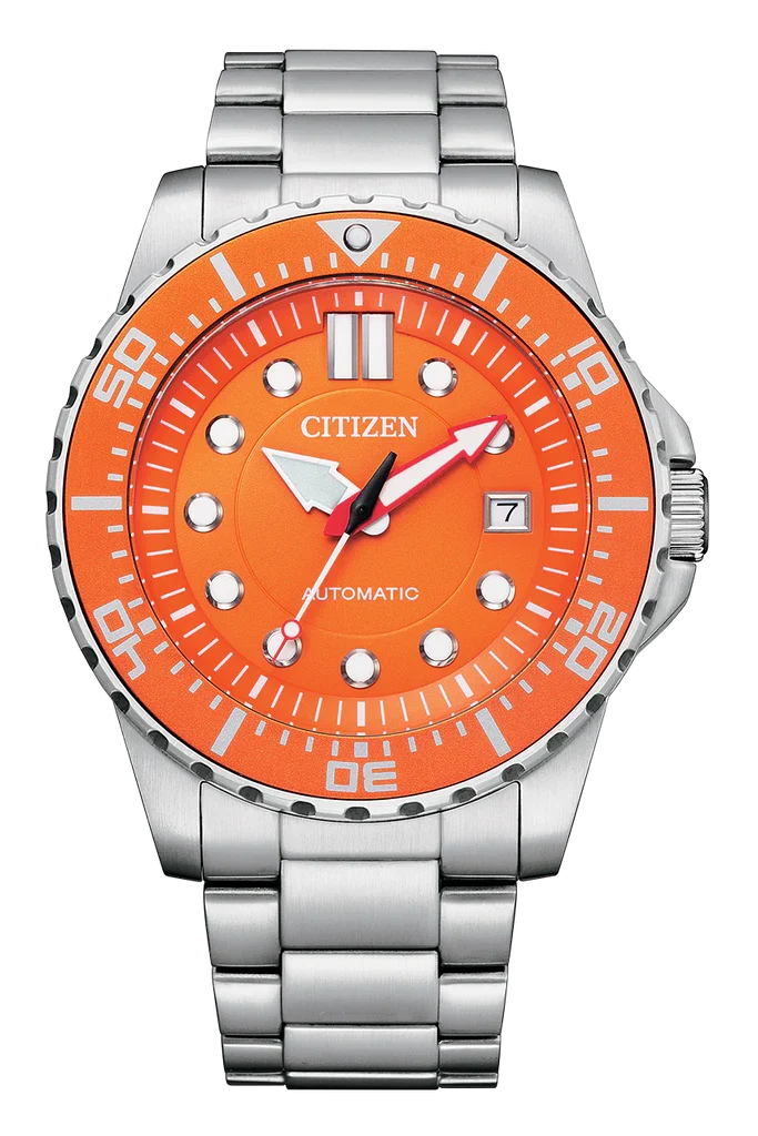 Citizen Super Titanium automatic men's watch with bright orange dial and titanium bracelet