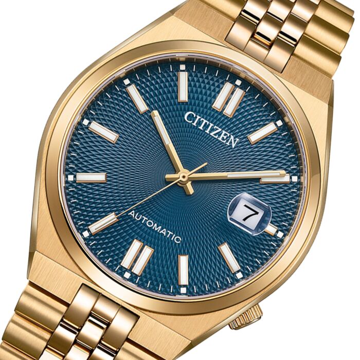 Citizen TSUYOSA 60 NK0023-57L angle view with blue dial and gold case