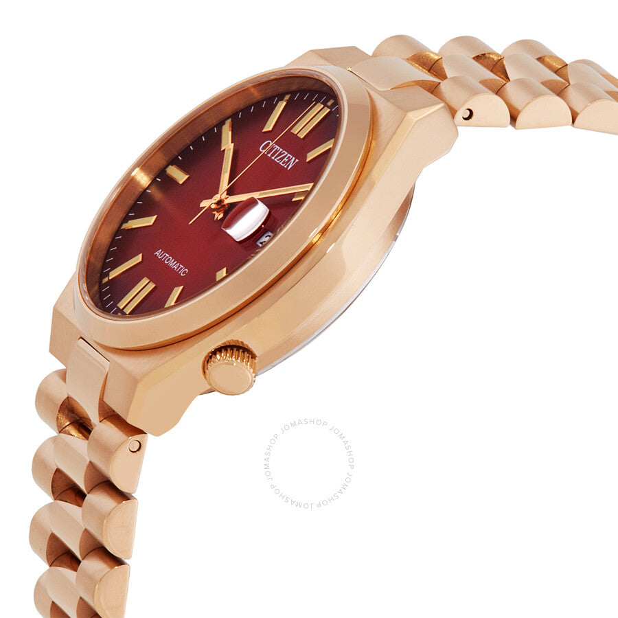 Side angle view of Citizen Tsuyosa automatic watch showing red dial and gold-tone bracelet