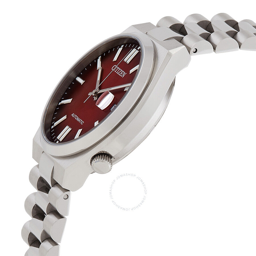 Citizen Tsuyosa watch from angle showing stainless steel case and burgundy dial detail