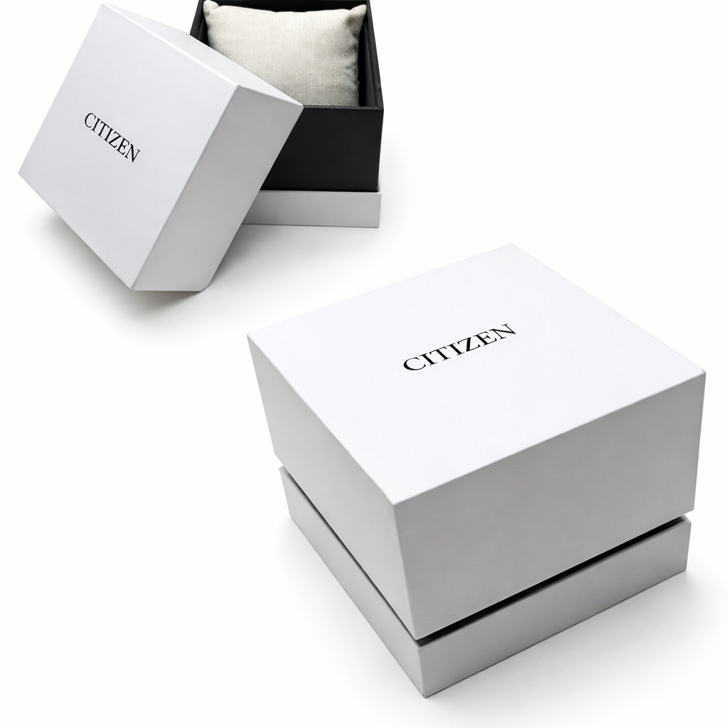 Citizen watch presentation box with white outer box and black inner case