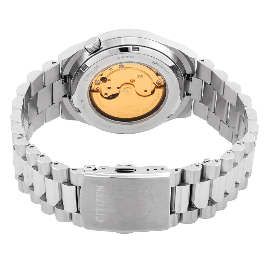 Citizen Tsuyosa caseback showing golden automatic movement and stainless steel bracelet