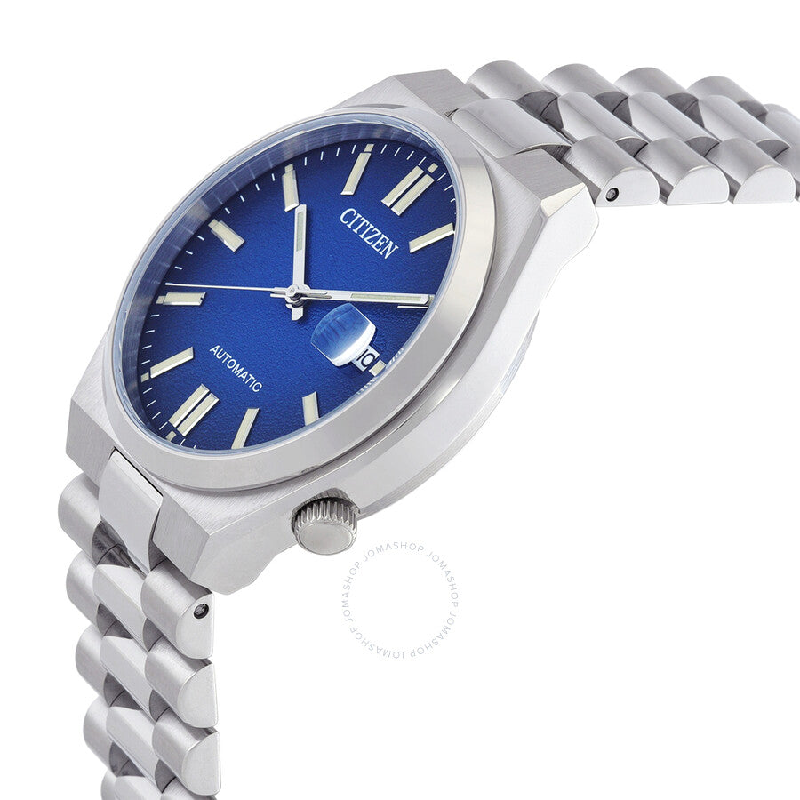 Citizen Tsuyosa automatic watch shown at angle displaying blue dial, case, and stainless steel bracelet