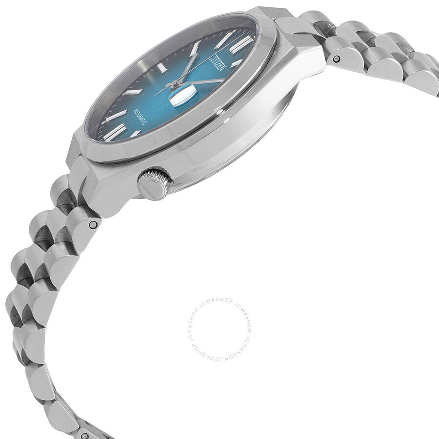 Angled side view of Citizen Tsuyosa Automatic with blue dial and stainless steel case