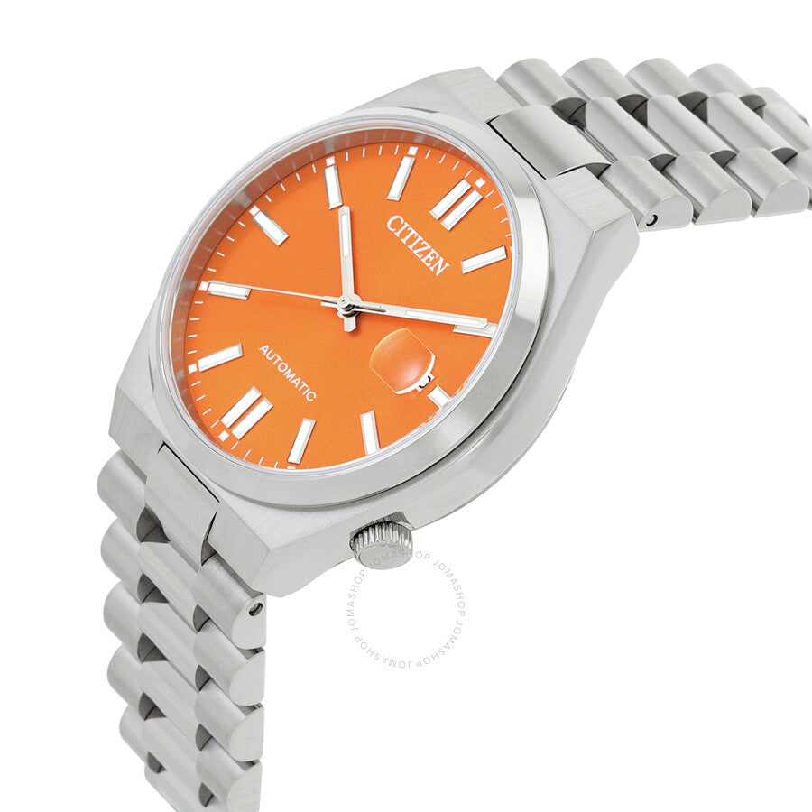 Angled view of Citizen Tsuyosa showing orange dial and stainless steel bracelet detail