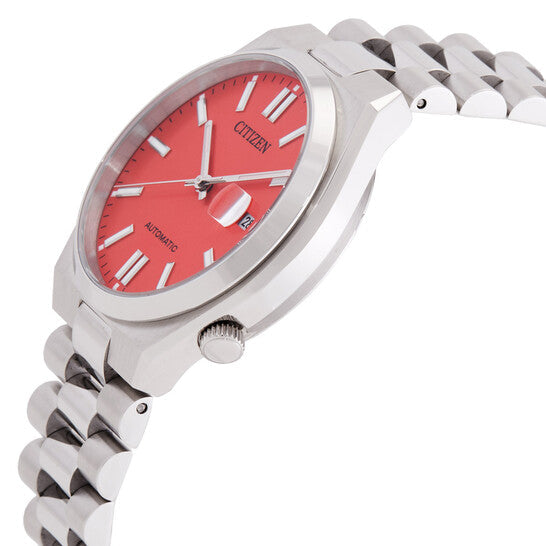 Side angle view of Citizen Tsuyosa automatic watch with red dial and stainless steel bracelet