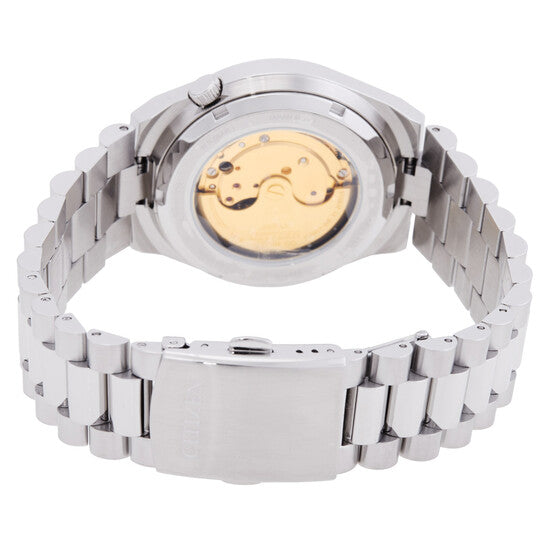 Caseback view of Citizen Tsuyosa automatic watch with visible rotor and stainless steel bracelet