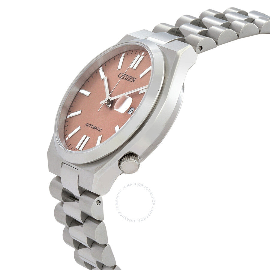 Citizen Tsuyosa watch shown from angled side view with stainless steel bracelet and warm sand dial