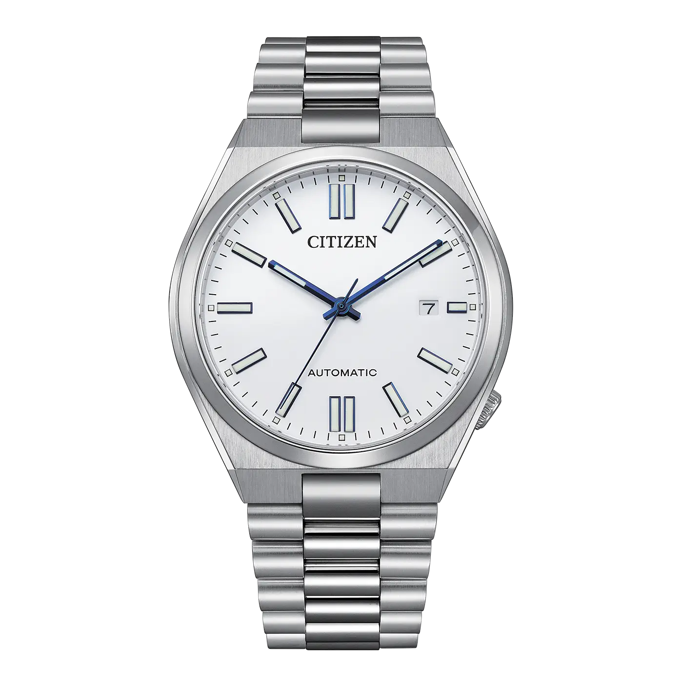 Citizen Tsuyosa automatic watch with white dial, blue hands, and silver stainless steel bracelet