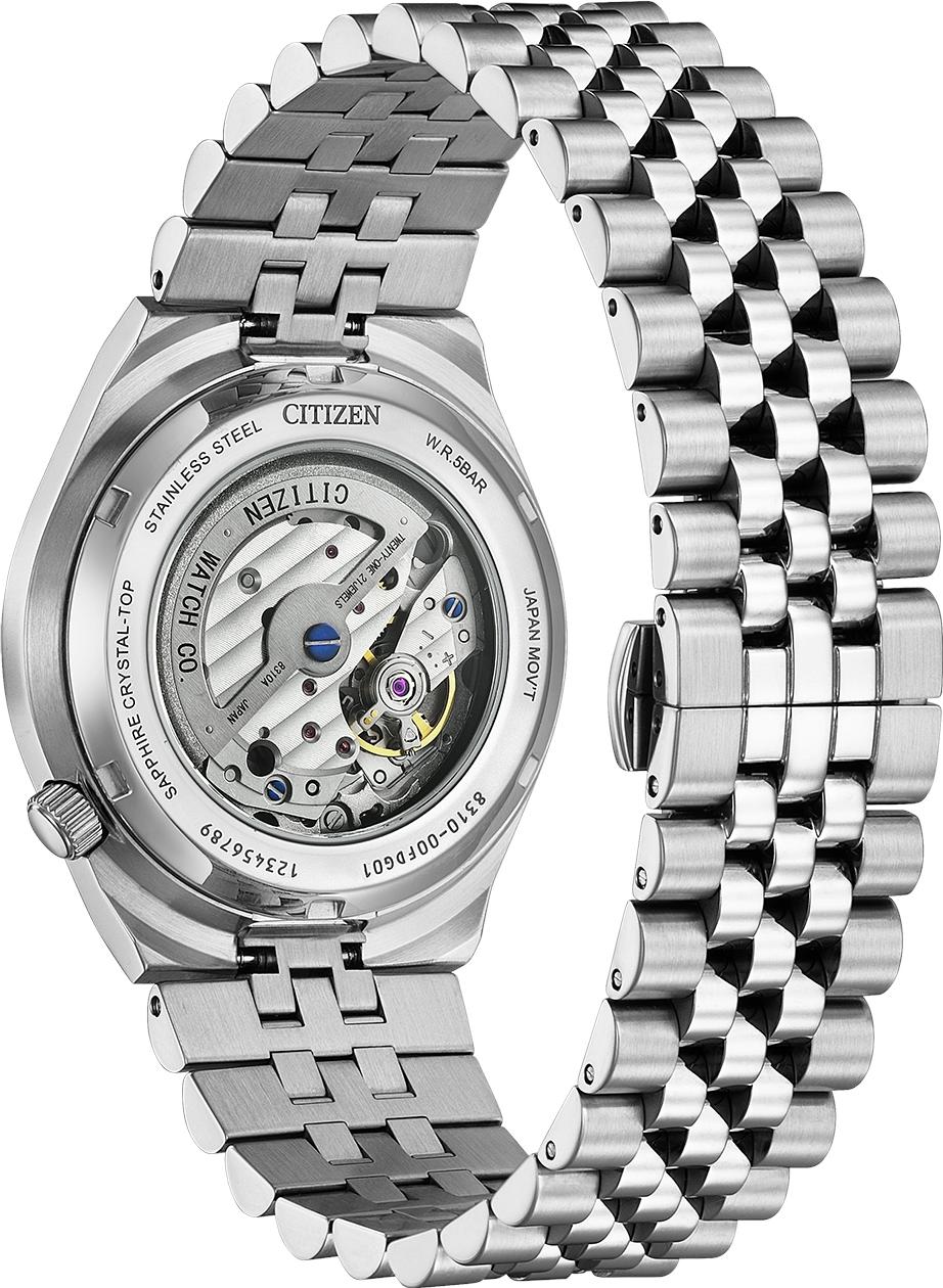 Citizen TSUYOSA caseback showing mechanical automatic movement and stainless steel bracelet