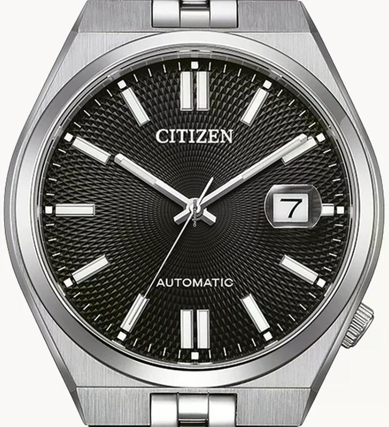 Citizen TSUYOSA black dial with white indices, date window, and automatic text