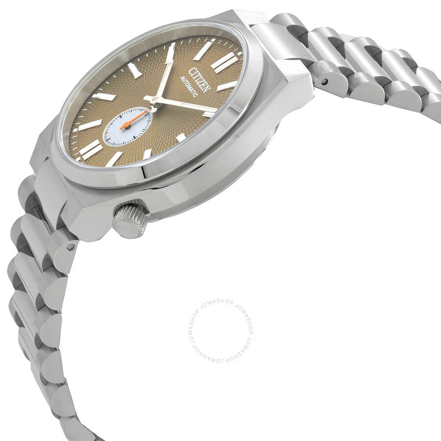 Citizen Automatic men's watch with stainless steel bracelet and olive green dial, angled side view