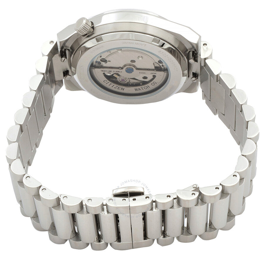Citizen Automatic NH60 movement visible through exhibition caseback of stainless steel watch