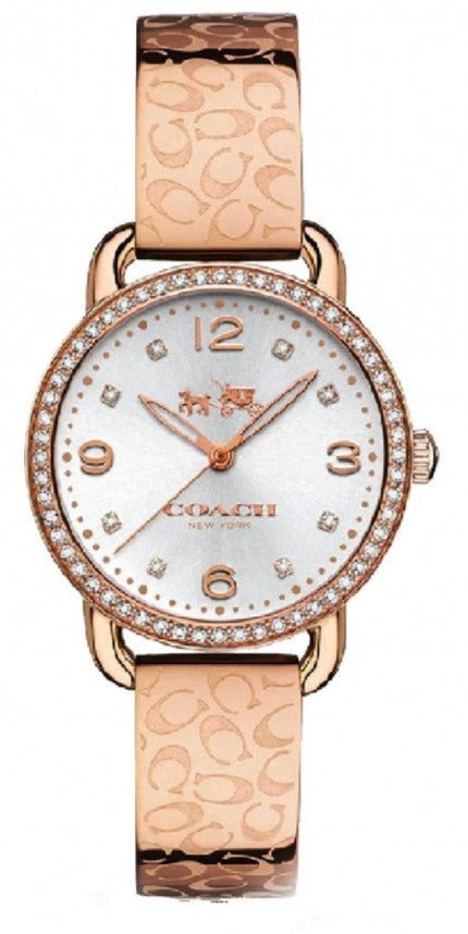 Coach Delancey rose-gold watch with crystal bezel and patterned leather strap