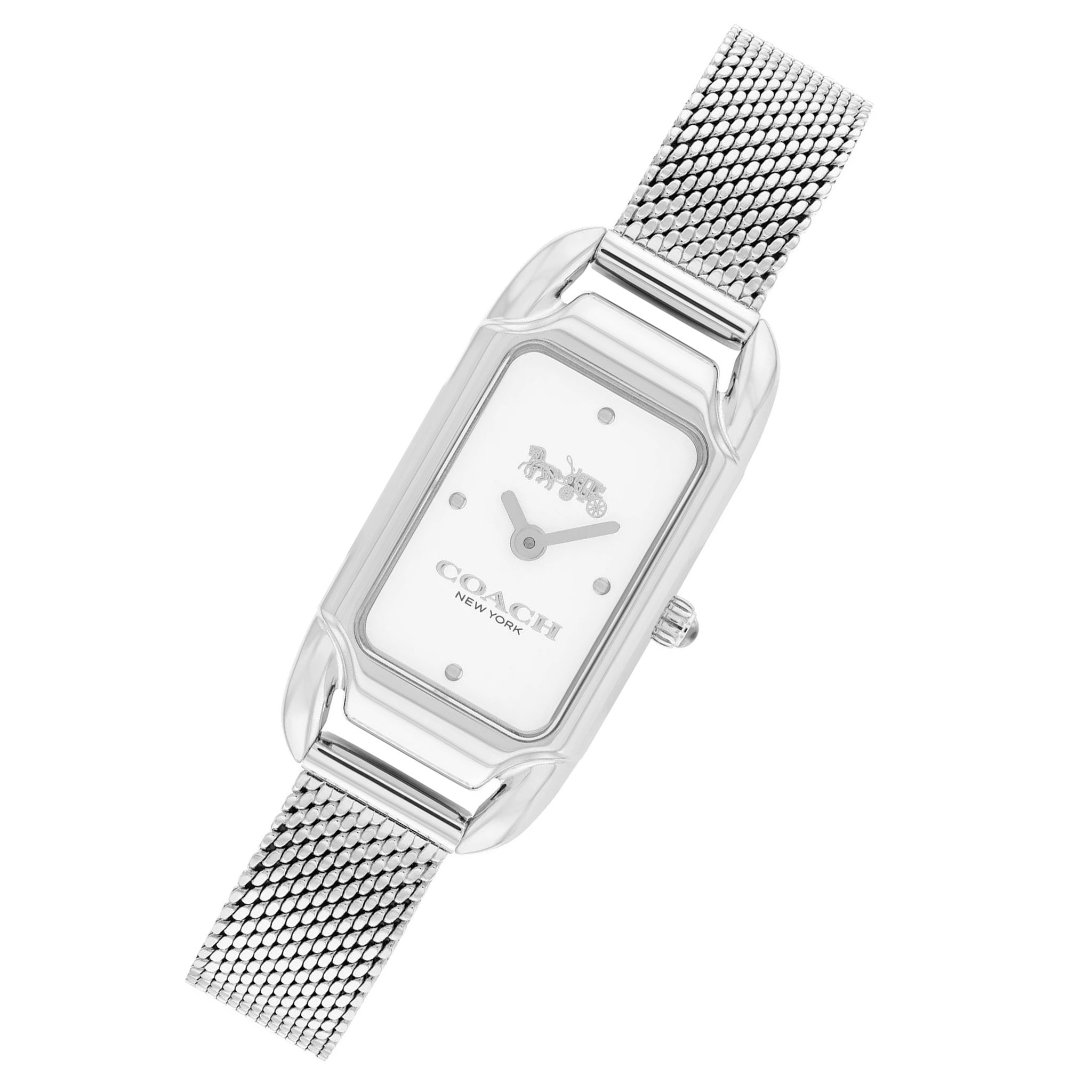 Coach silver mesh watch angled view showing rectangular case and silver bracelet