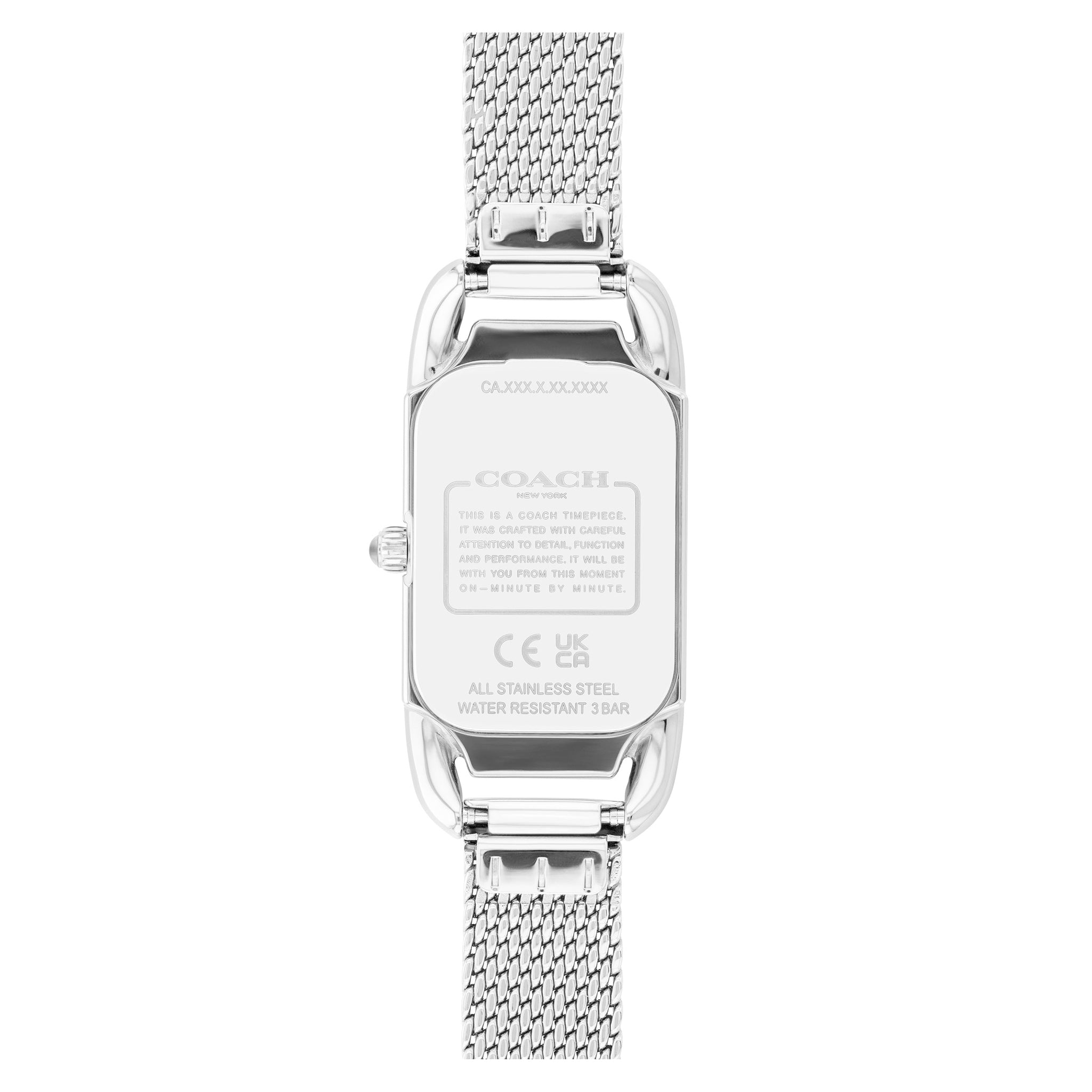Coach silver mesh watch caseback showing logo and regulatory markings