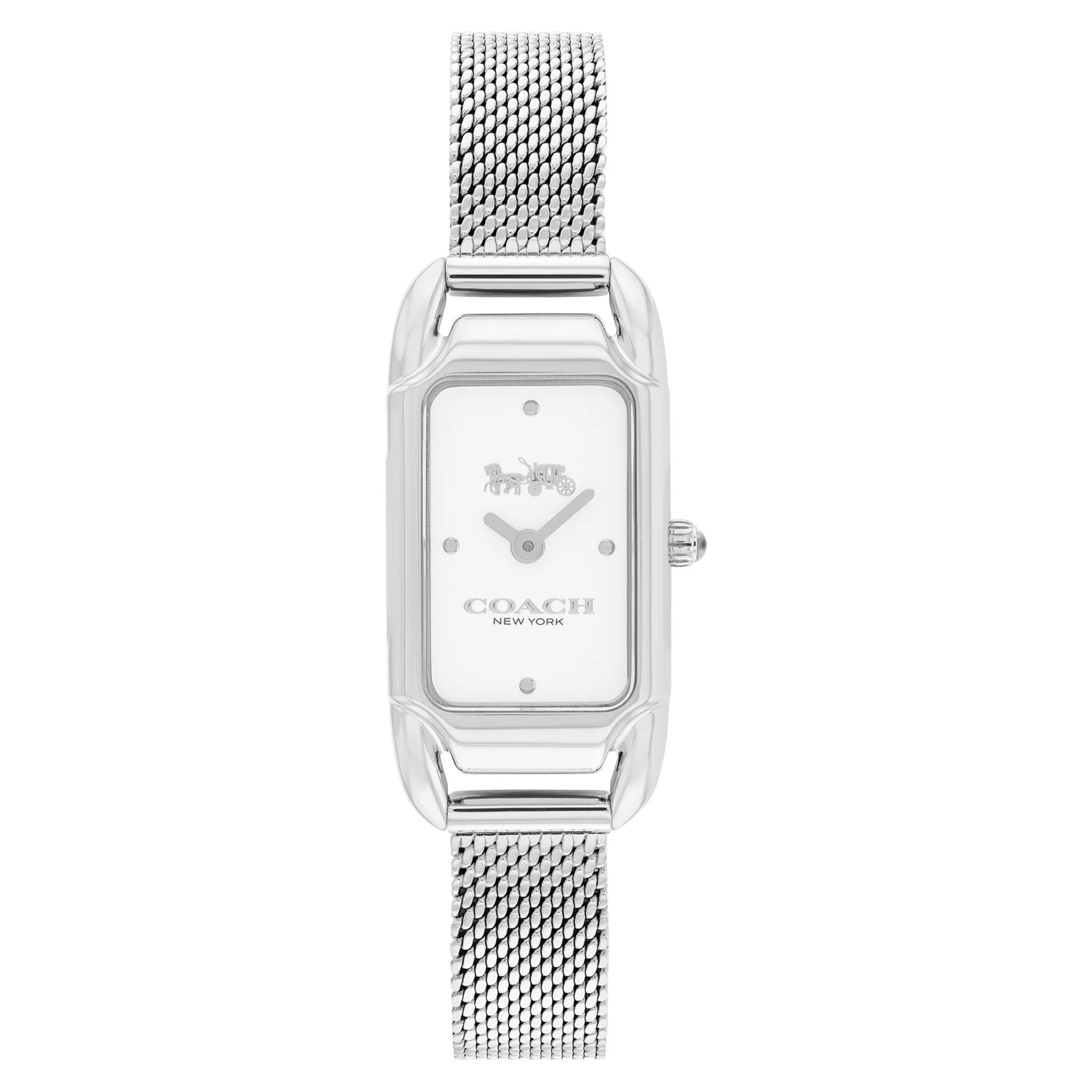 Coach silver mesh women's watch with white dial and rectangular case