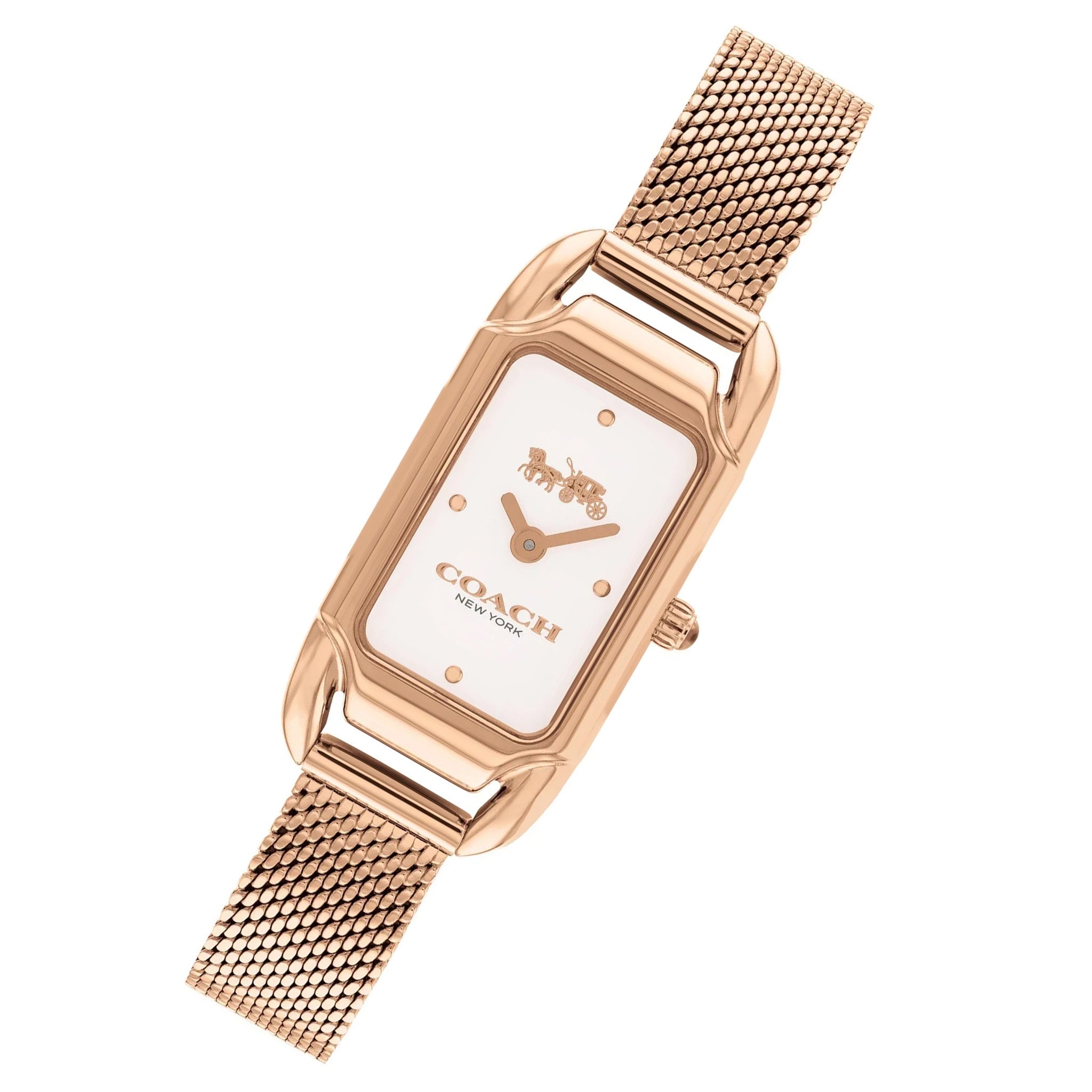 Coach rose gold mesh watch at angle showing rectangular case and rose gold bracelet