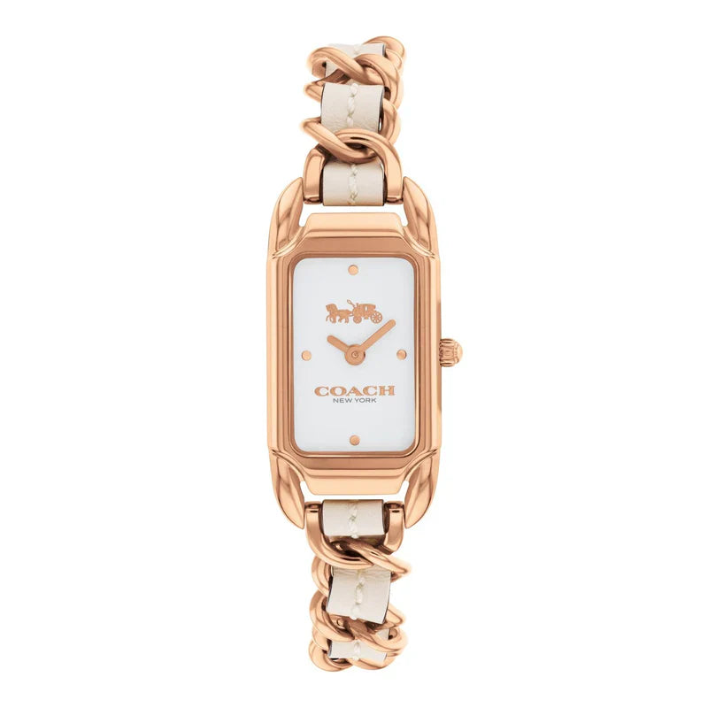 Coach rectangular rose gold women's watch with white dial and chain leather bracelet