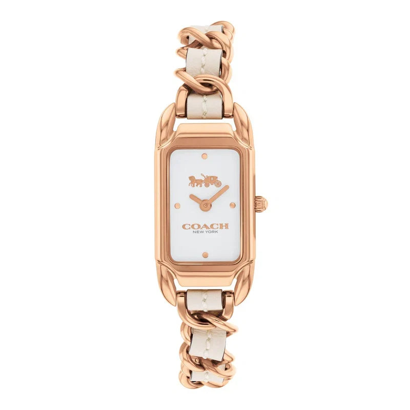 Coach Rectangular Rose Gold with White Dial & Chain Leather Bracelet Women's Watch - 14504283
