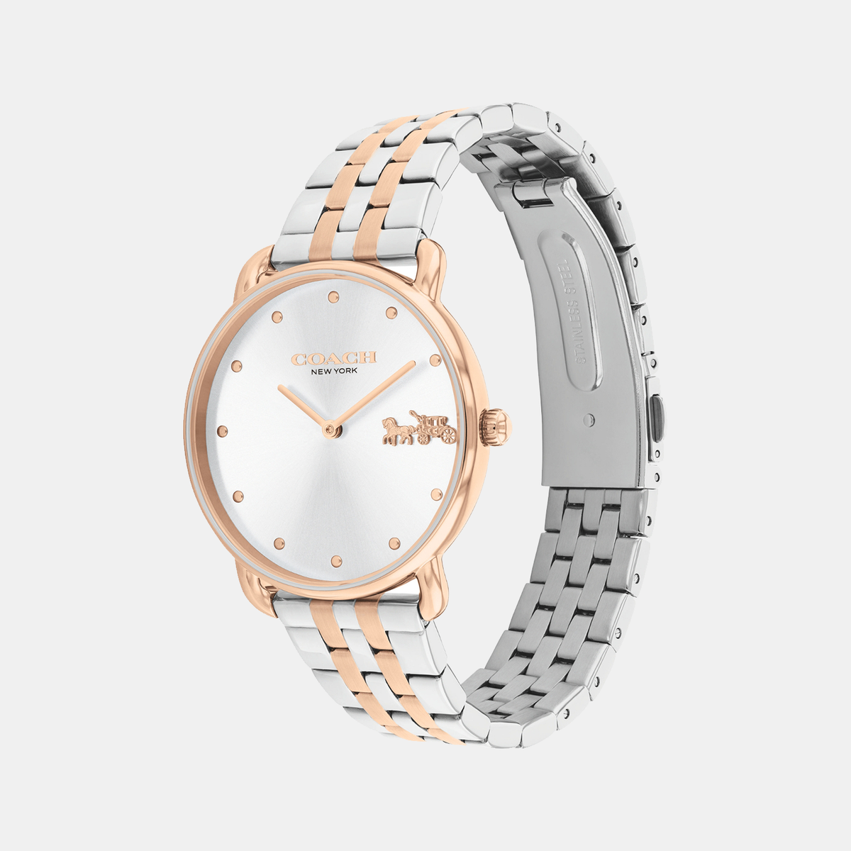 Coach two-tone watch shown at angle with rose gold case and mixed-metal bracelet