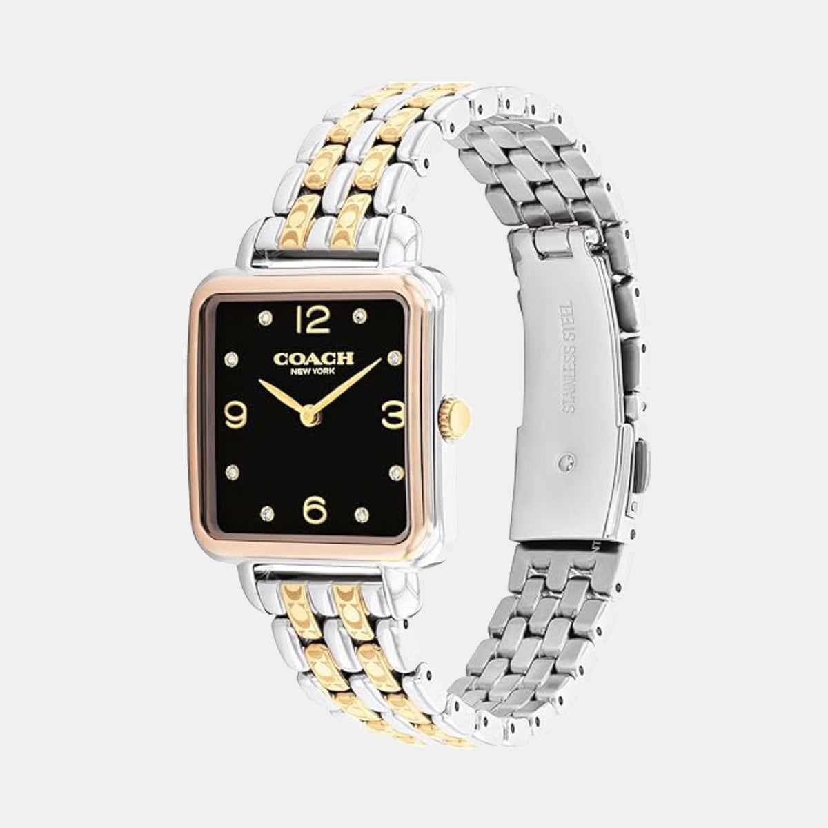 Coach watch side view showing two-tone steel bracelet with silver and gold links