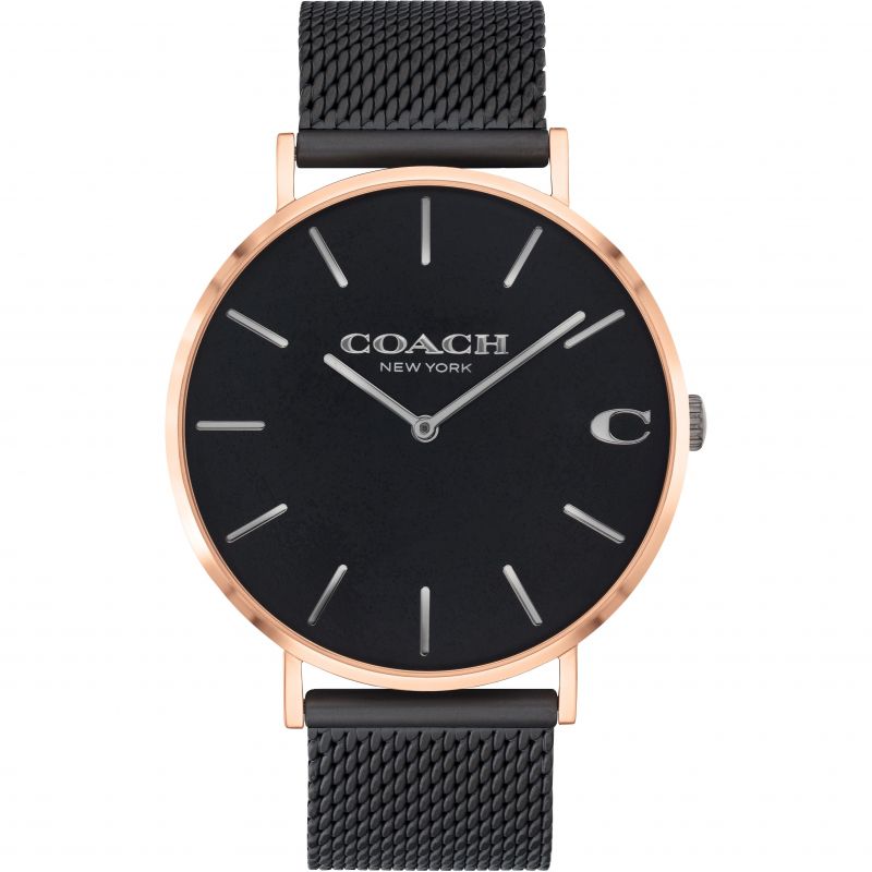 Coach men's watch with black dial, rose gold ionic-plated case, and black mesh strap