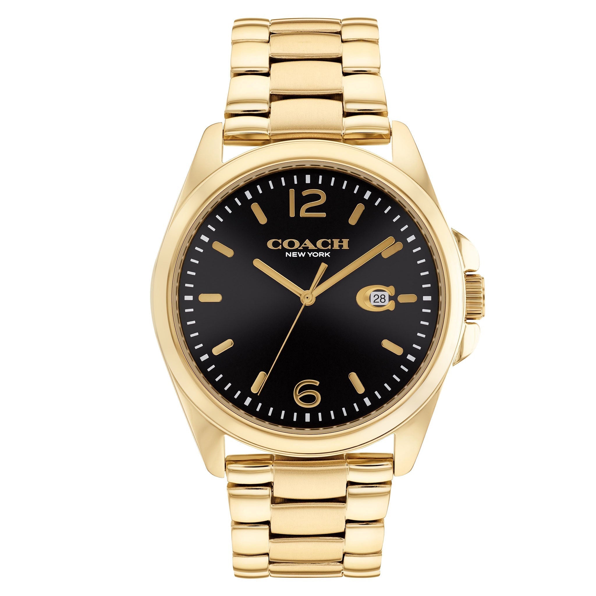 Coach men's watch with gold stainless steel case and black dial with gold indices