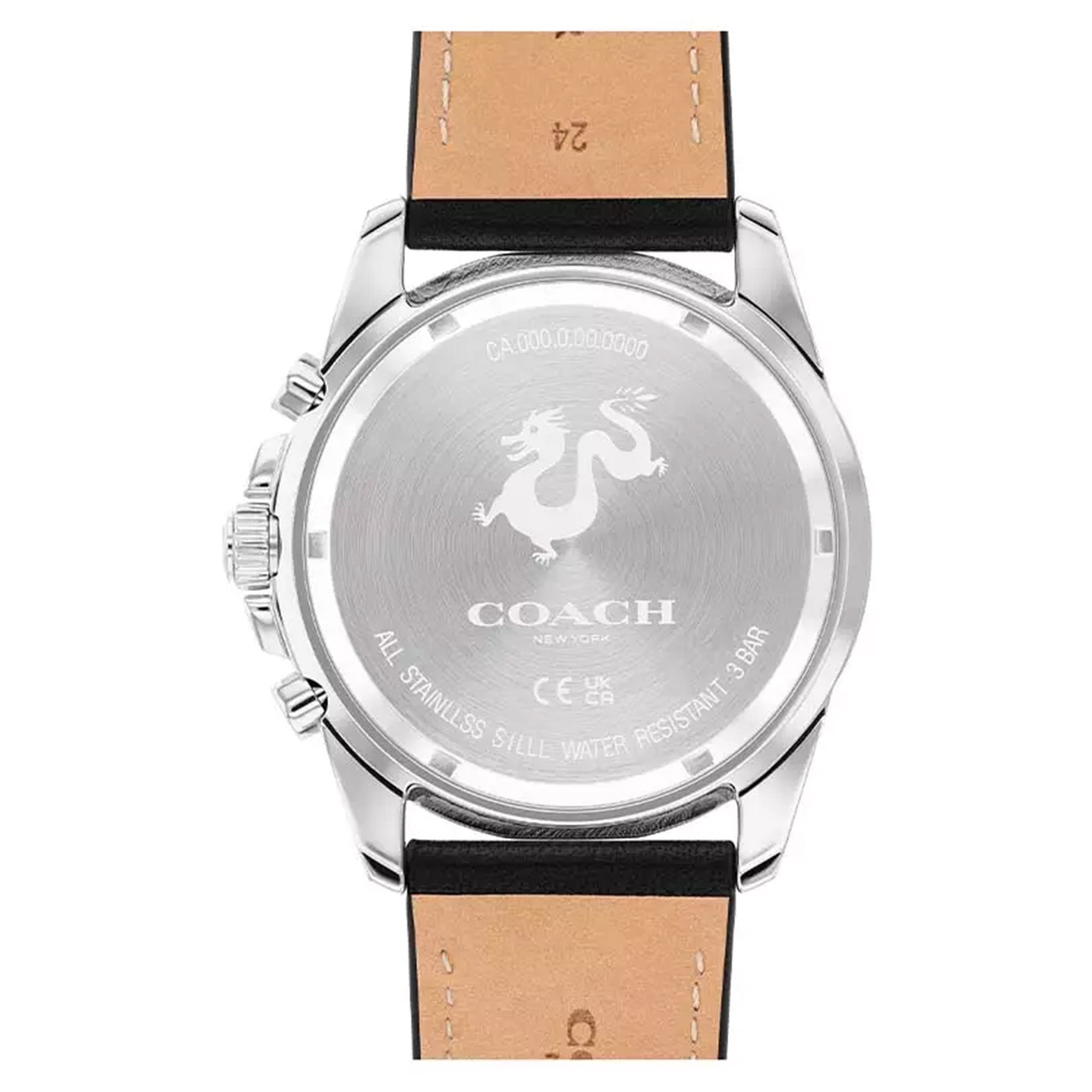 Coach watch caseback engraved with coach logo and stainless steel water-resistant details