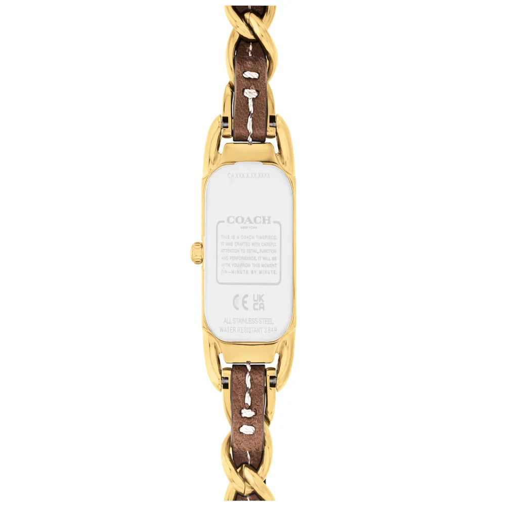 Coach watch caseback showing stainless steel back plate with branding and specifications