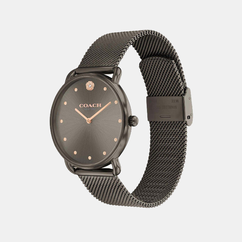 Coach grey dial women's watch on wrist with mesh band