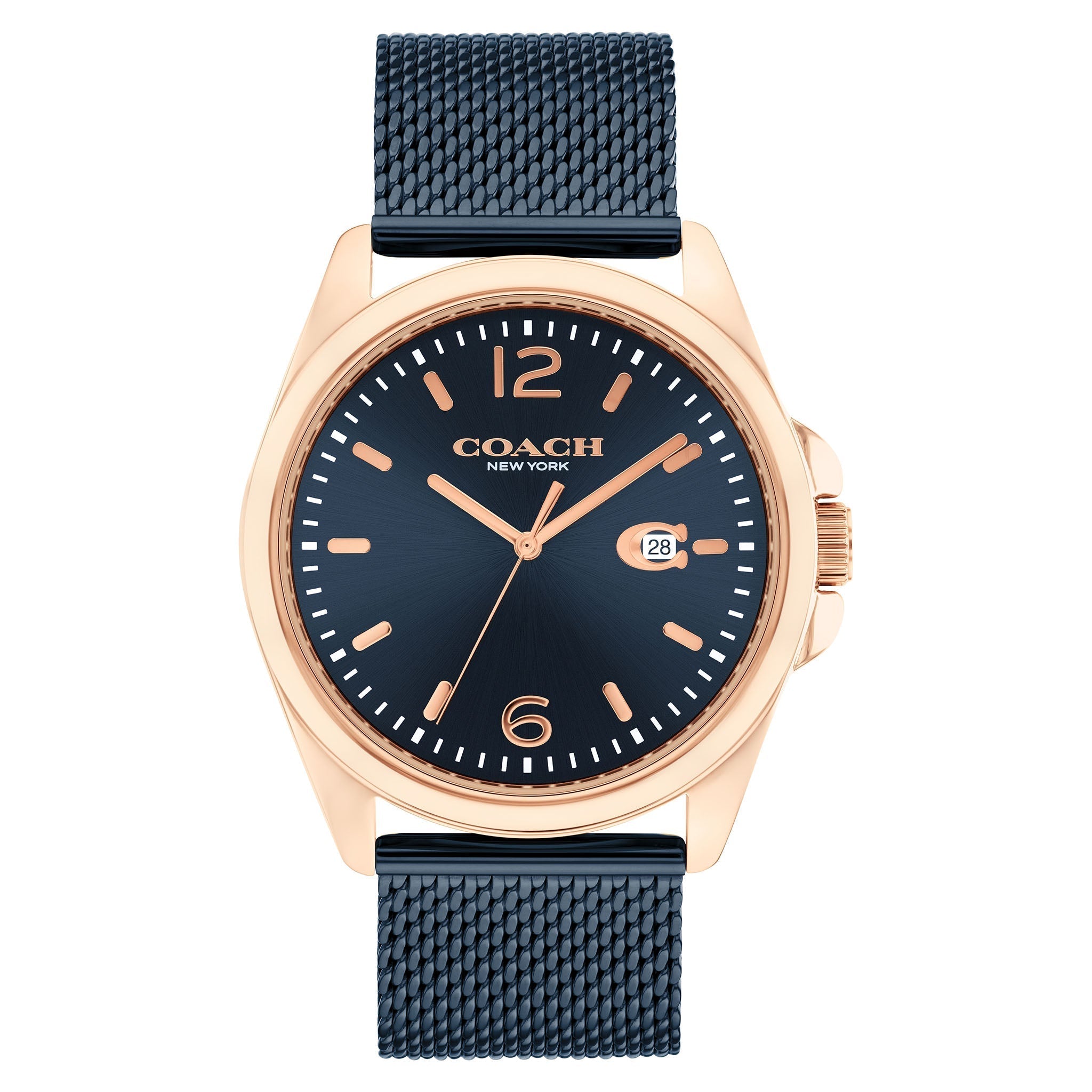 Coach men's watch with rose gold case, blue dial, and blue mesh strap