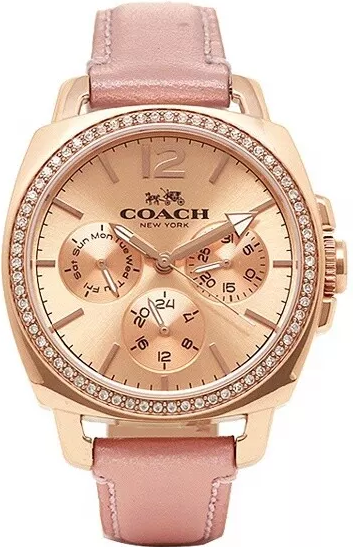 COACH Boyfriend watch with rose gold case, pink leather strap, and crystal bezel