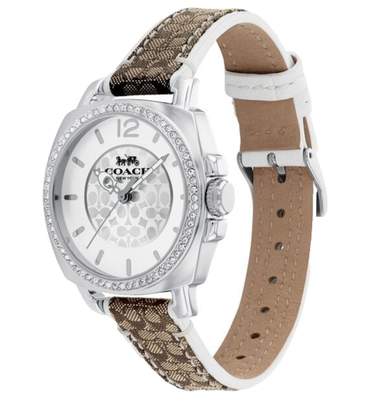 Coach Boyfriend watch side view showing brown leather strap with white stripe detailing