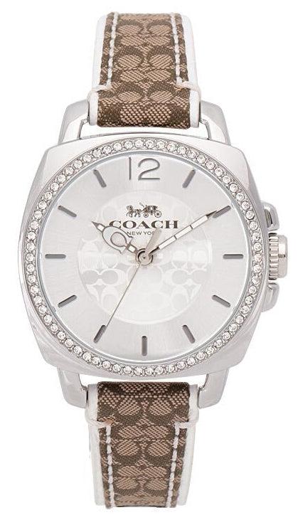 Coach Boyfriend Silver Tone Logo Dial Brown/White Logo Design Leather Band Women's Watch - 14503148