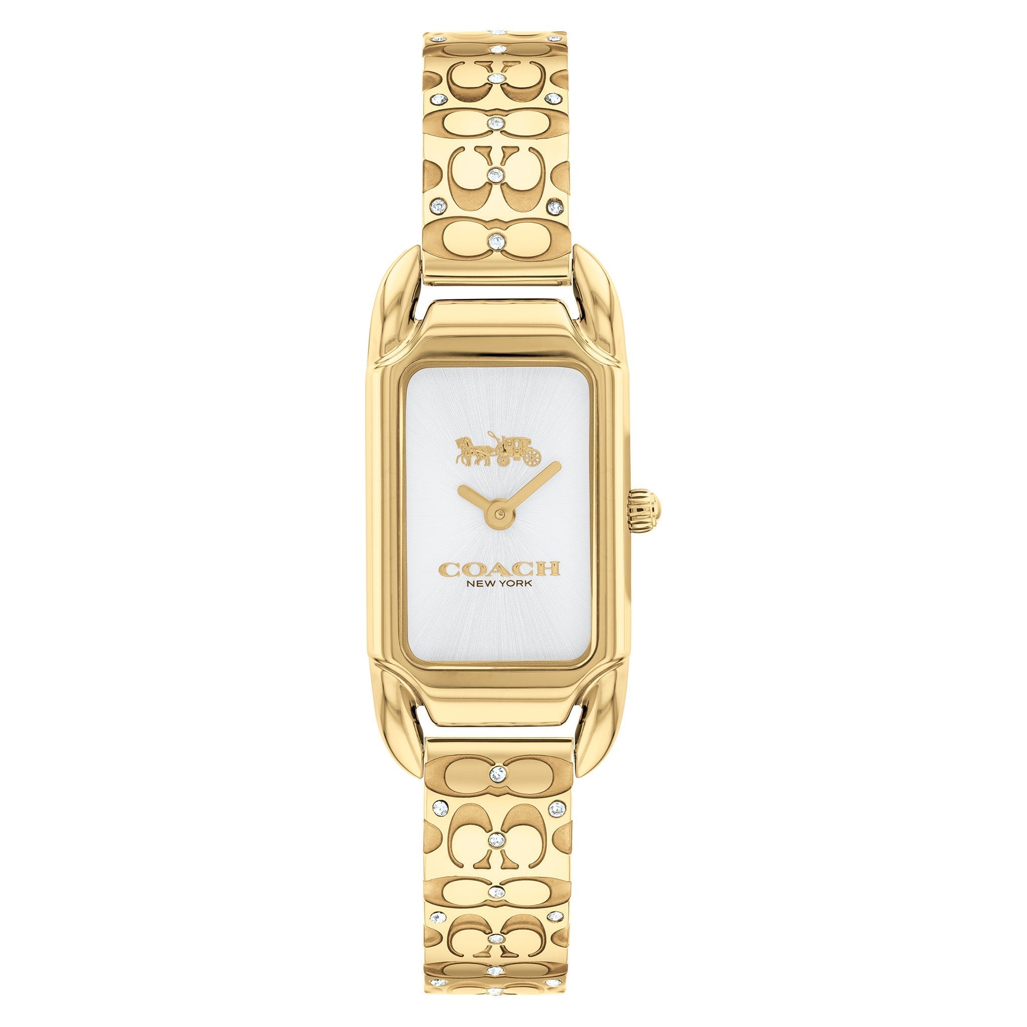 COACH Cadie Signature C gold-tone watch with silver-tone rectangular dial and logo-patterned bangle bracelet