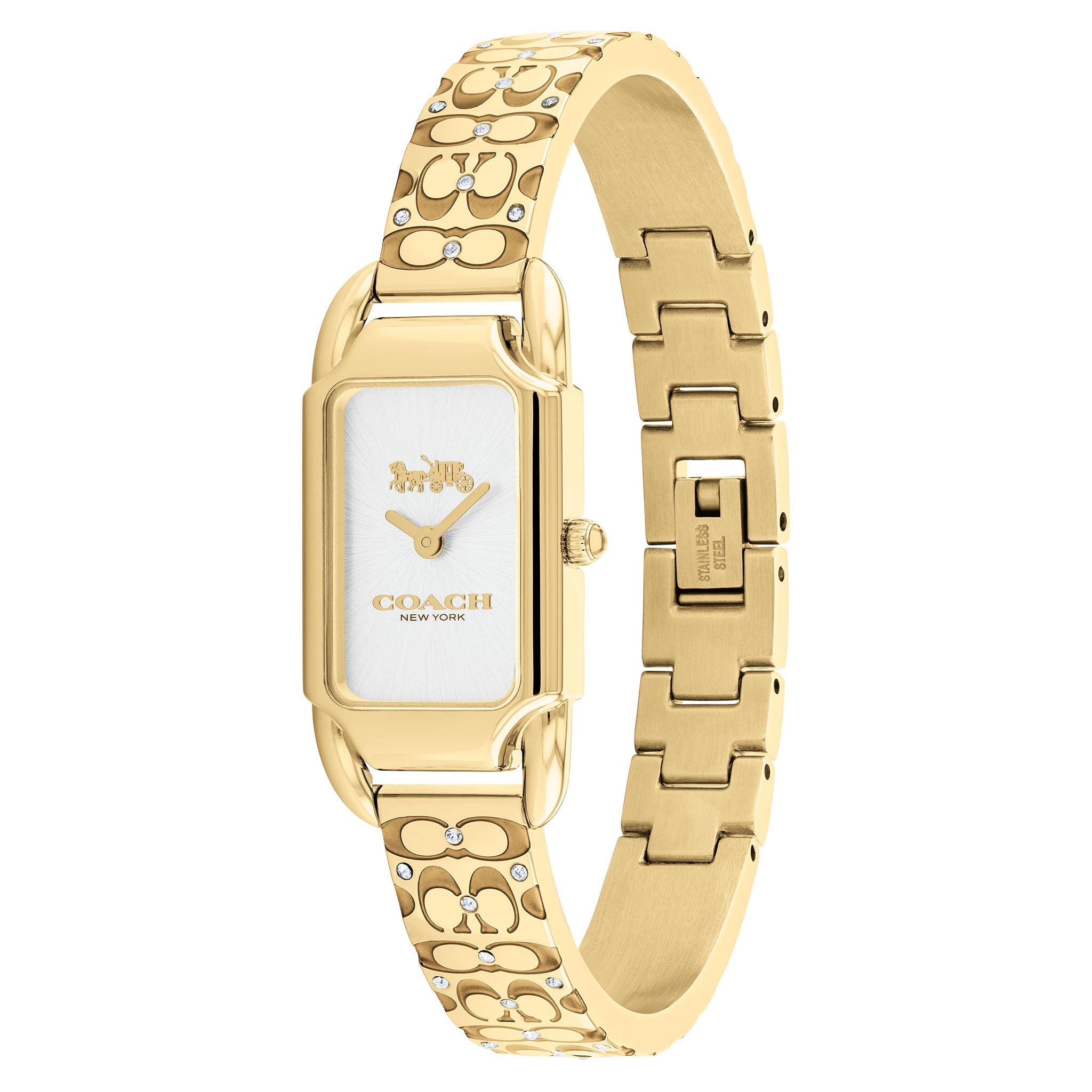 COACH Cadie women's watch worn on wrist showing Signature C patterned gold-tone bangle and rectangular case