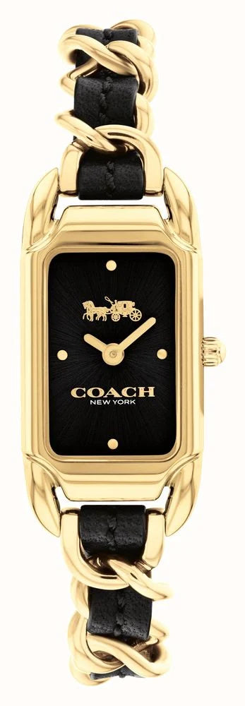 Coach Cadie gold stainless steel women's watch with black rectangular dial and black leather bracelet