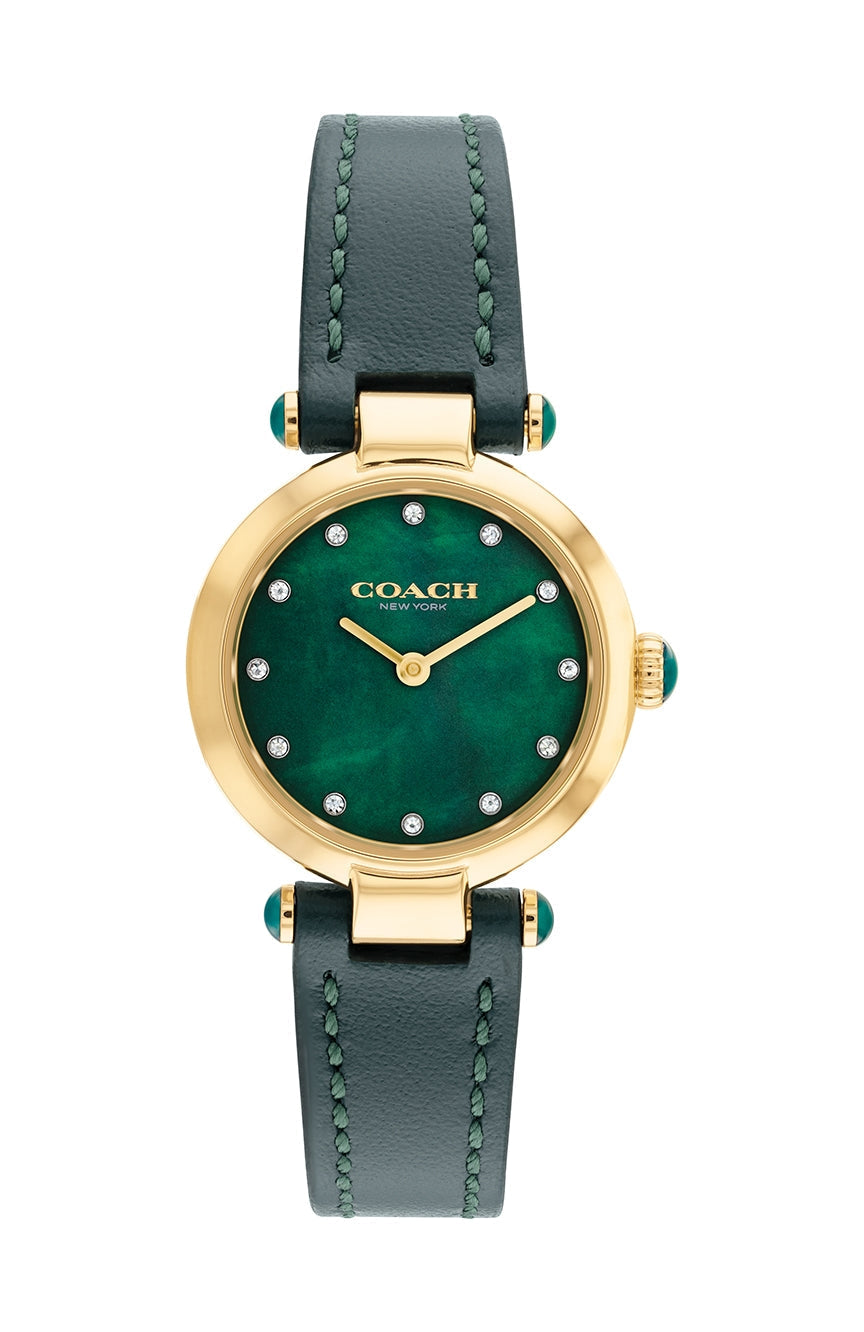 Coach Cary women's watch with emerald green dial and gold-tone case on emerald green leather strap