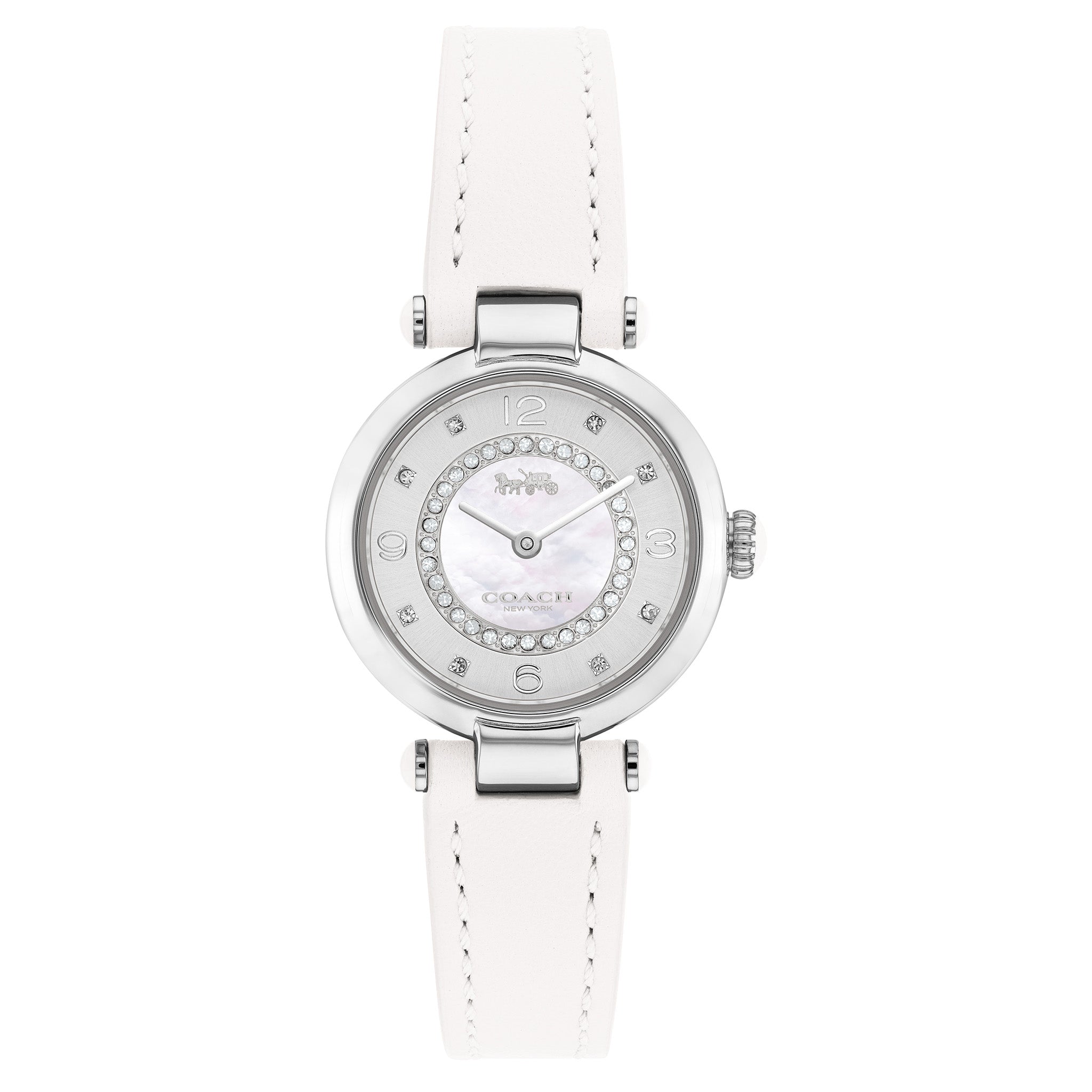 Coach Cary women's watch with white leather strap and silver-tone case with crystal bezel