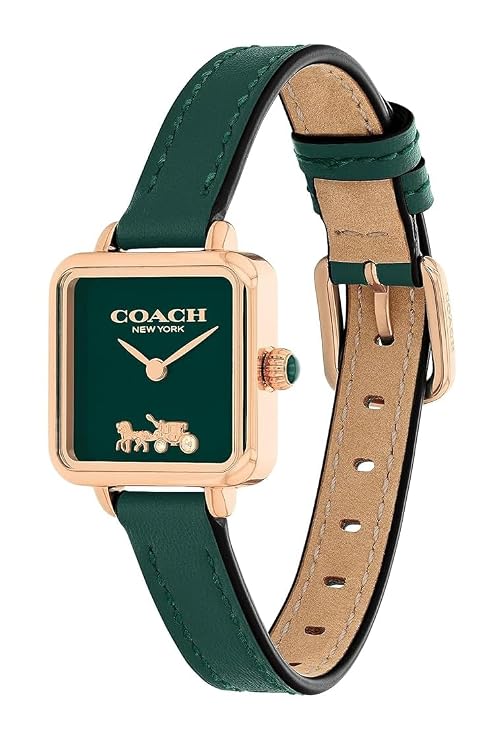 Coach Cass watch displaying green leather strap and tan leather backing with rose gold case