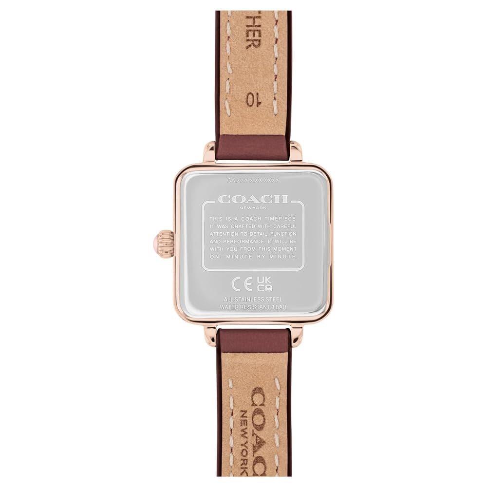 Coach Cass watch caseback showing engraved branding and certification marks