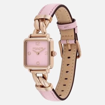 Coach Cass watch displayed at angle showing pink leather strap and rose gold chain link lugs